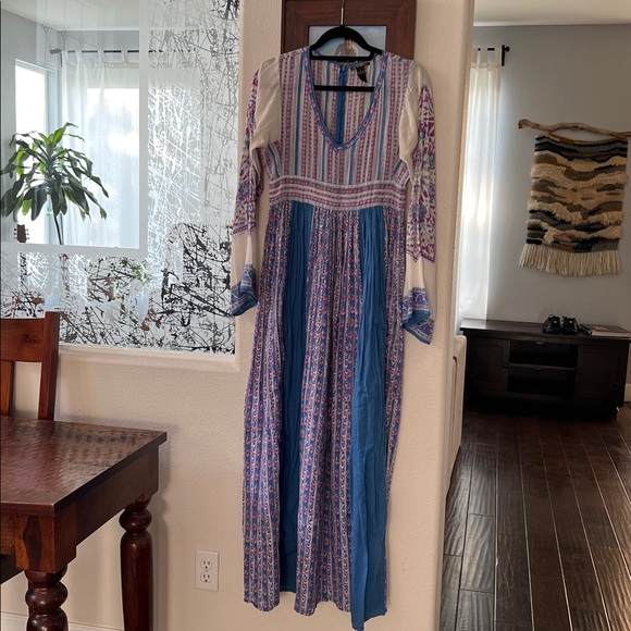 LUCKY BRAND Long Sleeve Bohemian Peasant Tiered Maxi Dress Floral Blue/White S - Picture 3 of 8